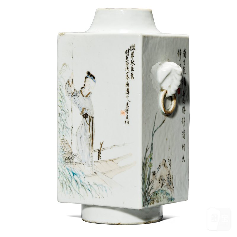 清光绪 朱梦吉浅绛彩人物清供图琮式瓶